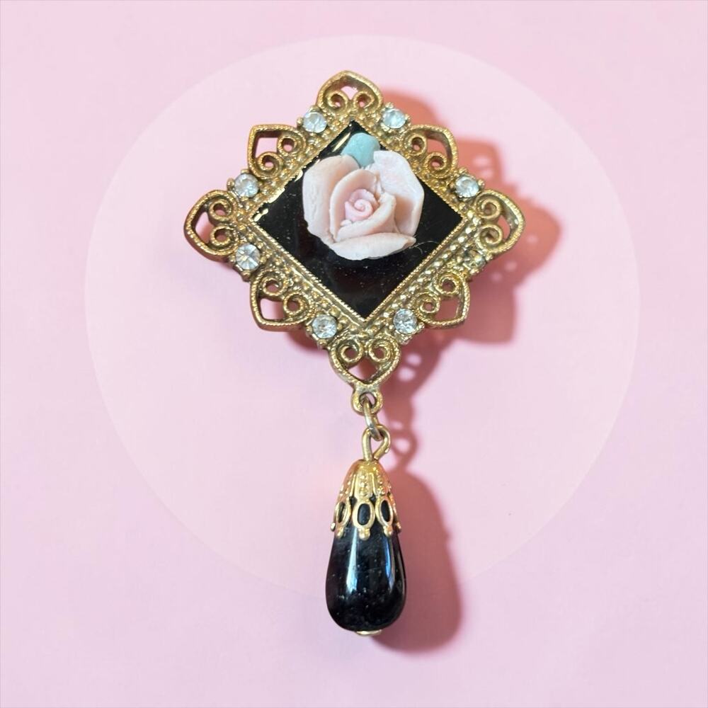 1928 Jewelry Co Rose Cameo Style Dangle Brooch Black Drop Rhinestone Vintage Pin